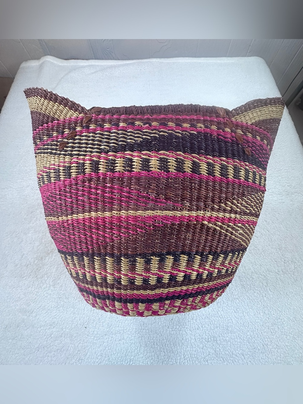 Handwoven Pink, Brown & Natural Straw Tote Basket - Picture 2 of 7